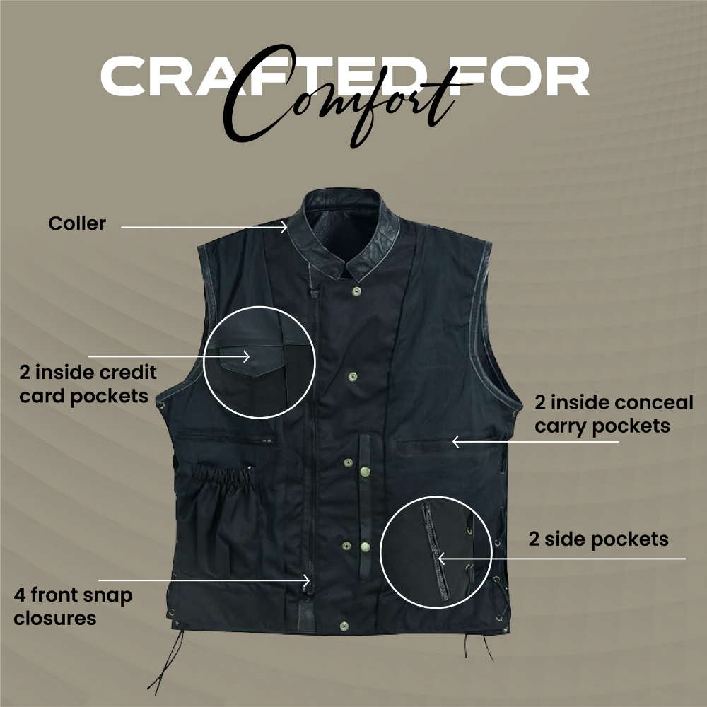 Men’s Black Textile & Leather Vest – Multi-Closure Biker Style with Side Lace-Up
