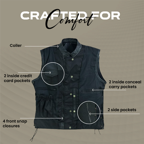 Men’s Black Textile & Leather Vest – Multi-Closure Biker Style with Side Lace-Up