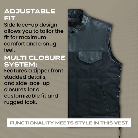 Men’s Black Textile & Leather Vest – Multi-Closure Biker Style with Side Lace-Up