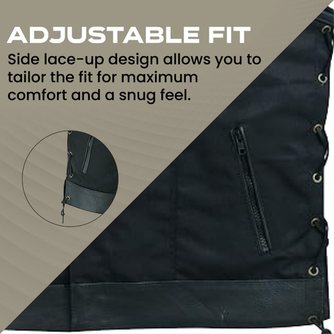 Men’s Black Textile & Leather Vest – Multi-Closure Biker Style with Side Lace-Up
