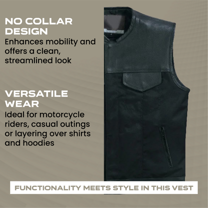 Black Men's Textile Zipper Front Vest and Leather Trimming