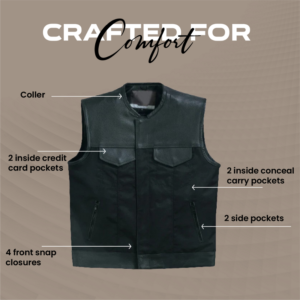 Black Men's Textile Zipper Front Vest and Leather Trimming