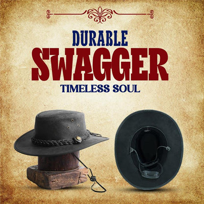 Vintage Cowhide Leather Western Hat – Customizable, Breathable, and Secure for Men & Women
