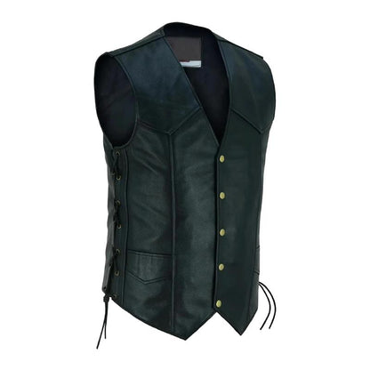 Men's Cowhide Leather Biker Vest – V-Neck Motorcycle Vest with Concealed Carry Pockets