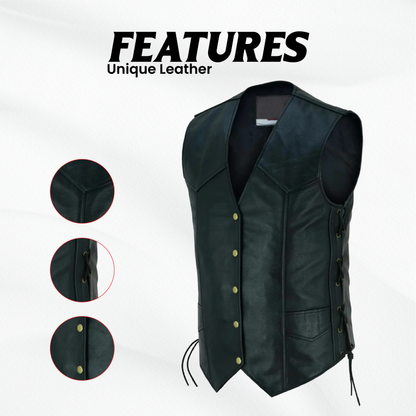 Men's Cowhide Leather Biker Vest – V-Neck Motorcycle Vest with Concealed Carry Pockets
