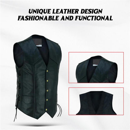 Men's Cowhide Leather Biker Vest – V-Neck Motorcycle Vest with Concealed Carry Pockets