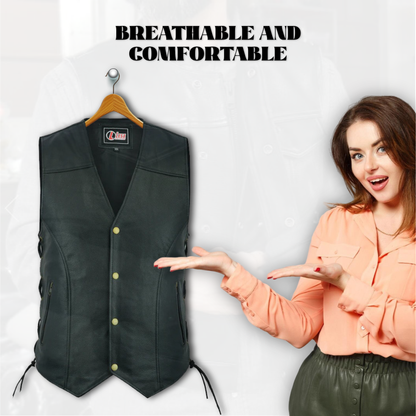 Men's Cowhide Leather Biker Vest – V-Neck Motorcycle Vest with Concealed Carry Pockets