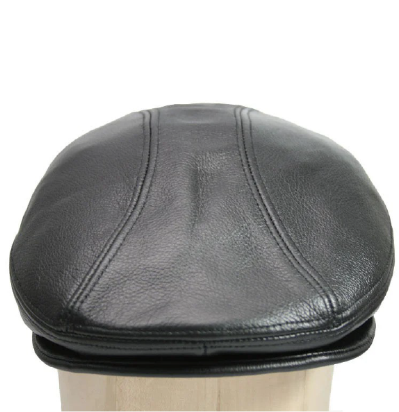 Men’s Genuine Cow Leather Ascot Cap – Classic Newsboy Ivy Flat Driver Hat in Black