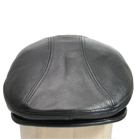 Men’s Genuine Cow Leather Ascot Cap – Classic Newsboy Ivy Flat Driver Hat in Black
