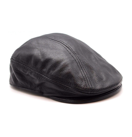 Men’s Genuine Cow Leather Ascot Cap – Classic Newsboy Ivy Flat Driver Hat in Black