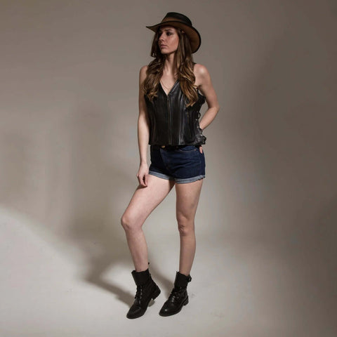 New Women's Classic Biker Real Cowhide Leather Vest Waistcoat