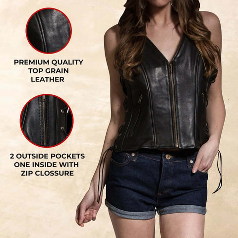 New Women's Classic Biker Real Cowhide Leather Vest Waistcoat