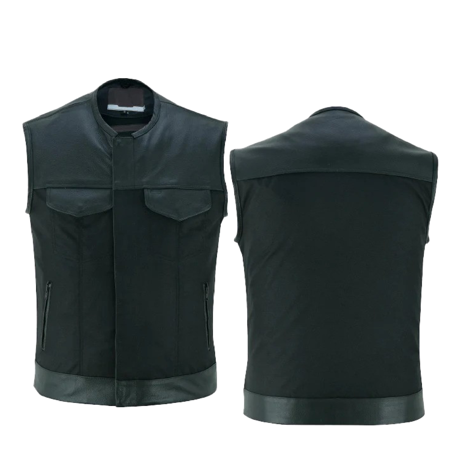 Black Men's Textile Zipper Front Vest and Leather Trimming
